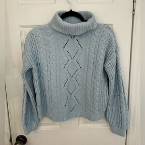 Cozy Blue Chenille Cable Knit Turtleneck Sweater